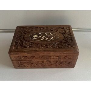 Hand Carved Wooden Jewelry Trinket Box Floral Inlay Hinged Blue Velvet Lined
